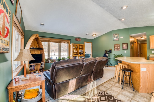 16693 Hightop Way NW, Cass Lake, MN 56633 - living room featuring lofted ceiling and a textured ceiling