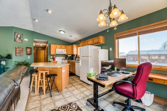 16693 Hightop Way NW, Cass Lake, MN 56633 - kitchen featuring white appliances, a textured ceiling, vaulted ceiling, light countertops, and a chandelier