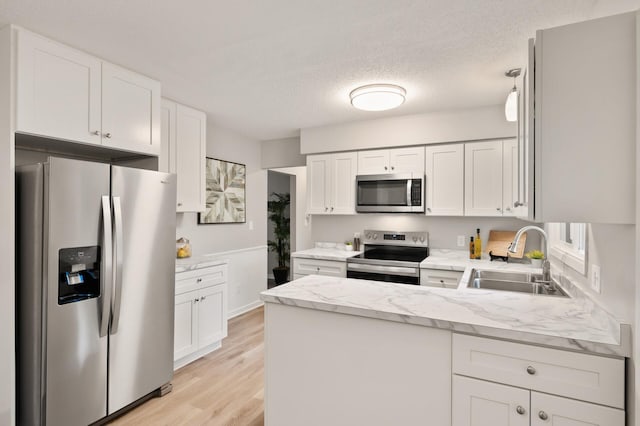 21485 Inwood Ave N, Forest Lake, MN 55025 - kitchen featuring appliances with stainless steel finishes, a sink, a peninsula, white cabinets, and a textured ceiling