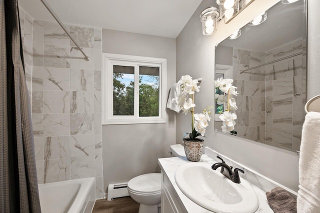 21485 Inwood Ave N, Forest Lake, MN 55025 - full bath with vanity, a baseboard heating unit, toilet, and shower / tub combo with curtain