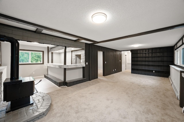 21485 Inwood Ave N, Forest Lake, MN 55025 - living area with carpet flooring, a wood stove, and a textured ceiling