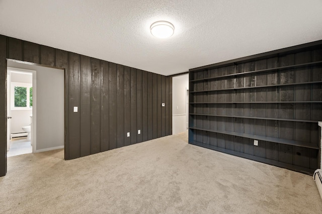 21485 Inwood Ave N, Forest Lake, MN 55025 - carpeted spare room with wooden walls, a textured ceiling, a baseboard heating unit, and baseboard heating