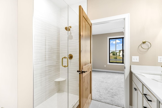 25882 Emerson Ct, Wyoming, MN 55092 - full bath featuring a stall shower, baseboards, tile patterned floors, and vanity