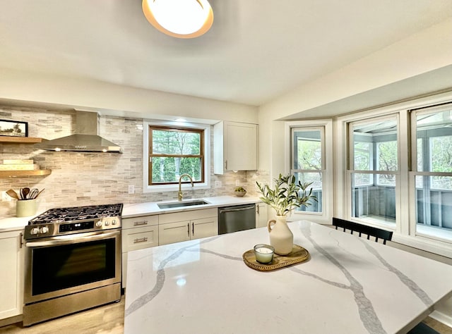 809 Wagon Wheel Trl, Mendota Heights, MN 55120 - kitchen featuring a sink, appliances with stainless steel finishes, a healthy amount of sunlight, and wall chimney range hood