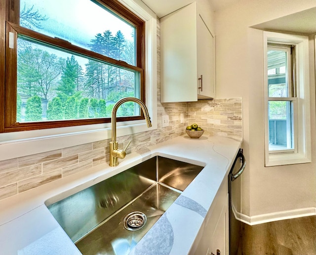 809 Wagon Wheel Trl, Mendota Heights, MN 55120 - room details with white cabinets, baseboards, a sink, and tasteful backsplash