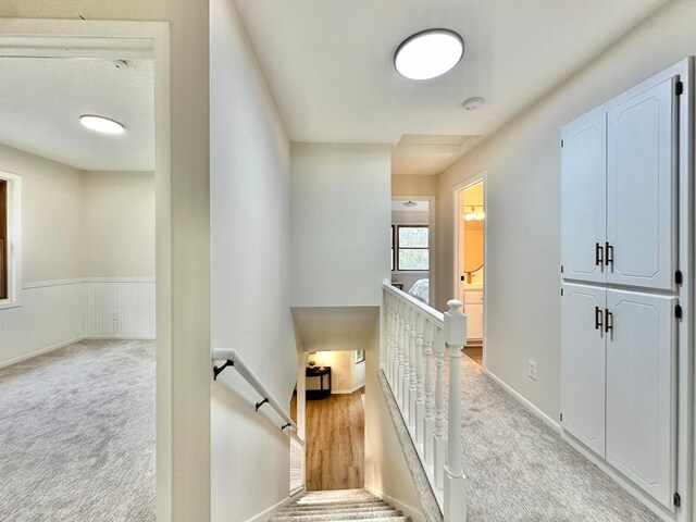809 Wagon Wheel Trl, Mendota Heights, MN 55120 - corridor with wainscoting, light colored carpet, and an upstairs landing