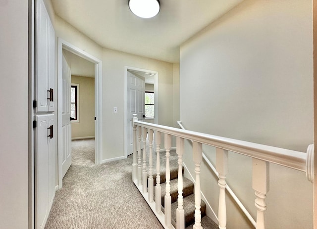 809 Wagon Wheel Trl, Mendota Heights, MN 55120 - hall with light colored carpet, baseboards, and an upstairs landing