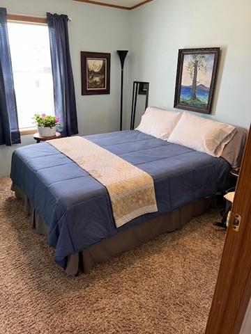 carpeted bedroom featuring ornamental molding