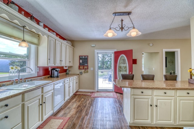 kitchen with a sink, hanging light fixtures, wood finished floors, and dishwasher