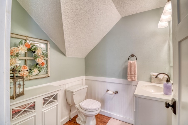 bathroom featuring vanity, vaulted ceiling, toilet, and a textured ceiling