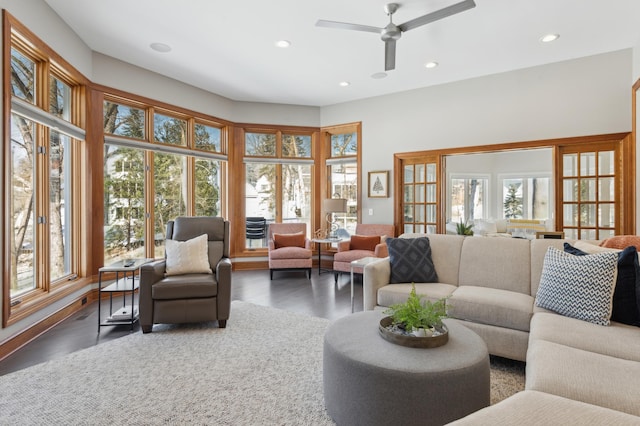 2454 Crowne Hill Rd, Minnetonka, MN 55305 - living area with recessed lighting, a ceiling fan, a healthy amount of sunlight, and wood finished floors