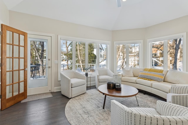 2454 Crowne Hill Rd, Minnetonka, MN 55305 - sunroom / solarium featuring a healthy amount of sunlight, baseboards, wood finished floors, and lofted ceiling