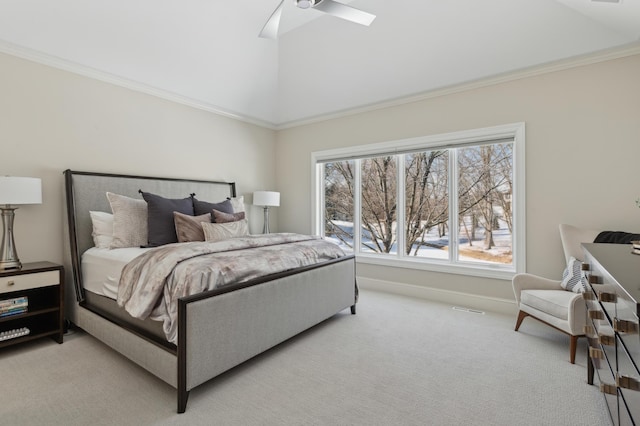 2454 Crowne Hill Rd, Minnetonka, MN 55305 - bedroom with light colored carpet, a ceiling fan, crown molding, and vaulted ceiling with skylight