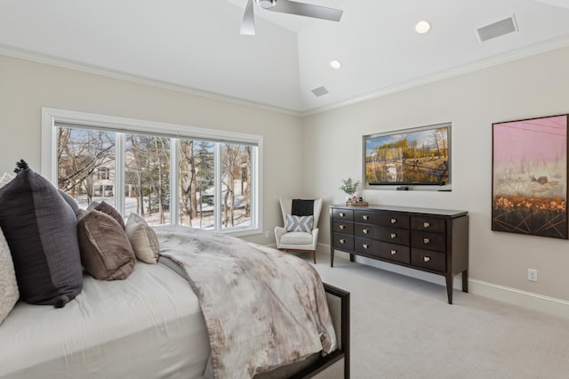 2454 Crowne Hill Rd, Minnetonka, MN 55305 - bedroom with crown molding, baseboards, light carpet, and visible vents