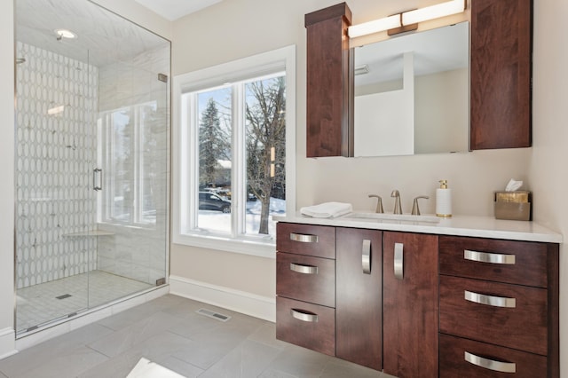 2454 Crowne Hill Rd, Minnetonka, MN 55305 - full bath with vanity, baseboards, visible vents, and a stall shower