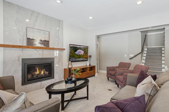 2454 Crowne Hill Rd, Minnetonka, MN 55305 - carpeted living area featuring recessed lighting, a high end fireplace, baseboards, and stairway