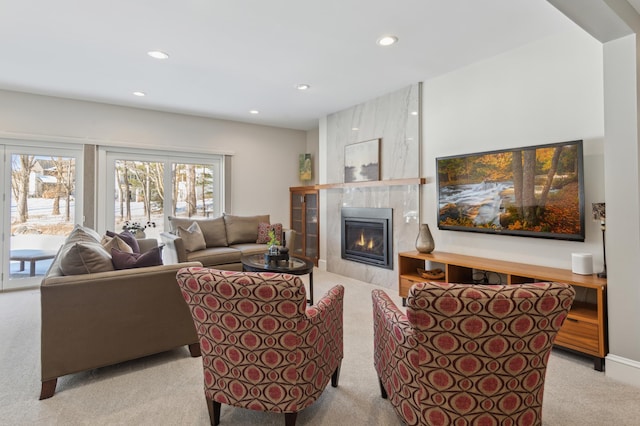 2454 Crowne Hill Rd, Minnetonka, MN 55305 - living area with recessed lighting, light colored carpet, and a fireplace