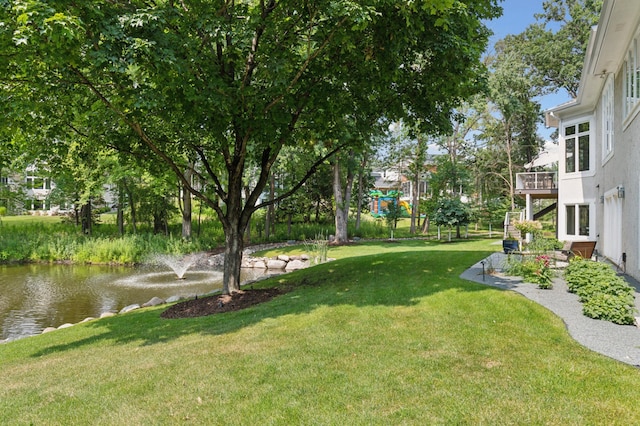 2454 Crowne Hill Rd, Minnetonka, MN 55305 - view of yard featuring a deck with water view and stairs