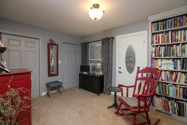living area with carpet flooring
