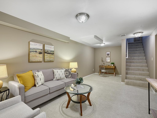 living room with carpet, stairs, and baseboards