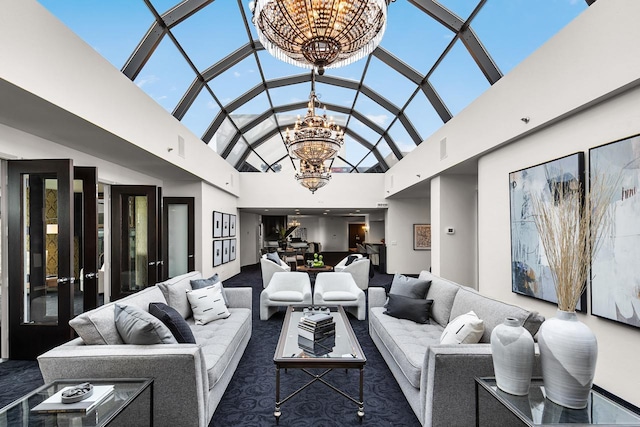 3145 Dean Ct Unit 1100, Minneapolis, MN 55416 - living area with a chandelier, a high ceiling, carpet floors, and plenty of natural light
