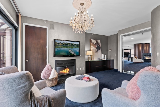3145 Dean Ct Unit 1100, Minneapolis, MN 55416 - carpeted living area with a glass covered fireplace and a chandelier