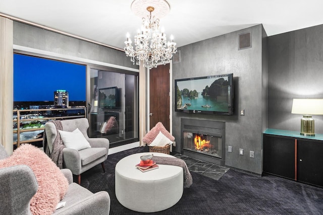 3145 Dean Ct Unit 1100, Minneapolis, MN 55416 - living room with a chandelier, a fireplace with flush hearth, and carpet floors