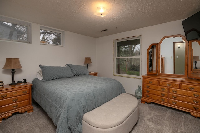 carpeted bedroom with a textured ceiling, visible vents, and multiple windows