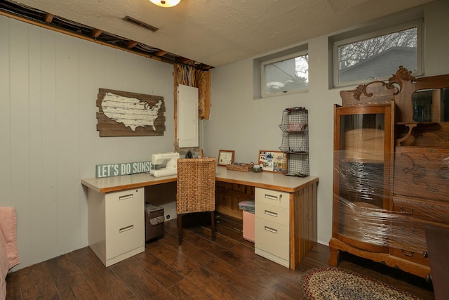 home office featuring visible vents, built in desk, electric panel, and dark wood-type flooring