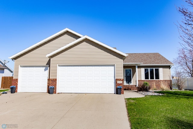 ranch-style home with driveway, a garage, brick siding, a front lawn, and a shingled roof