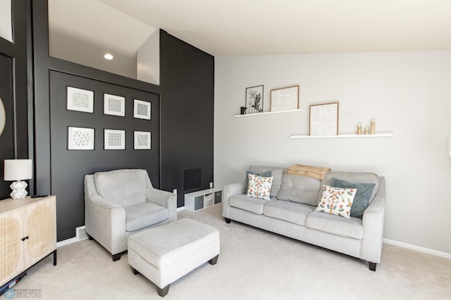 living room with recessed lighting, baseboards, vaulted ceiling, and carpet