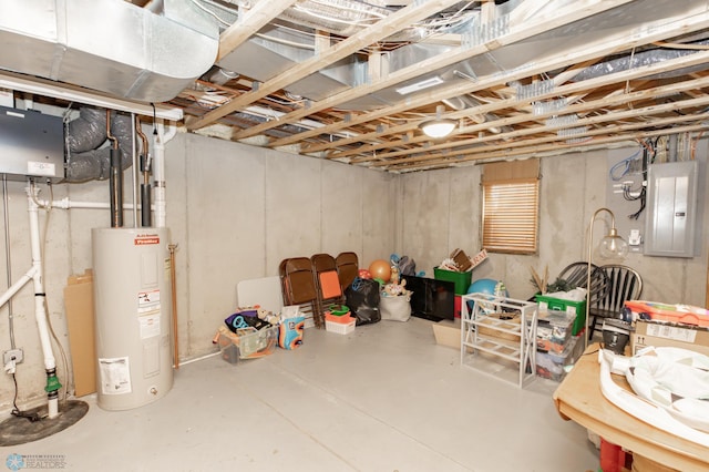 unfinished basement featuring water heater and electric panel