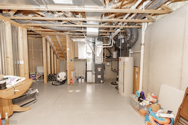 unfinished below grade area with heating unit and gas water heater