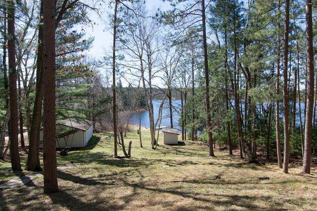 view of yard with an outdoor structure, a water view, and a storage unit