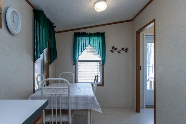 dining area featuring crown molding and light floors