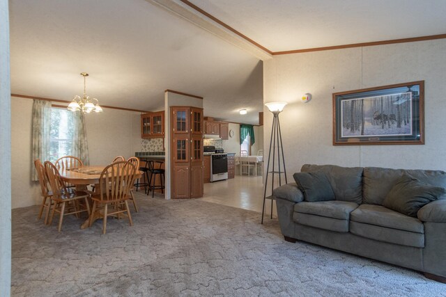 living room featuring a notable chandelier, ornamental molding, and light carpet