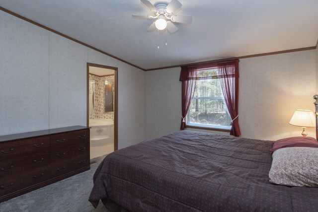 bedroom featuring crown molding, carpet flooring, connected bathroom, a ceiling fan, and lofted ceiling