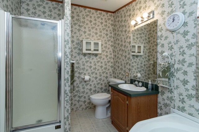 full bathroom with vanity, toilet, ornamental molding, and a stall shower