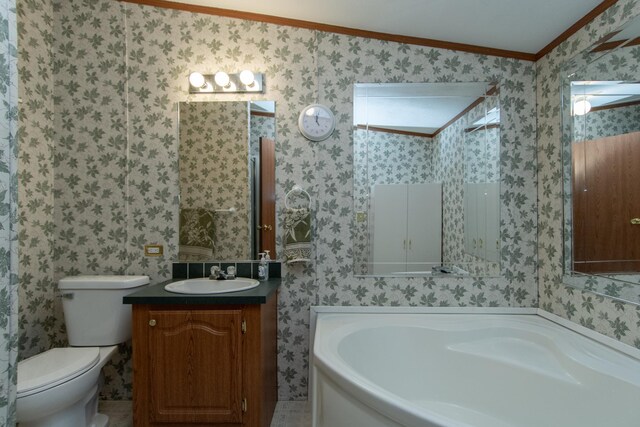 full bath featuring a bath, crown molding, vanity, toilet, and wallpapered walls