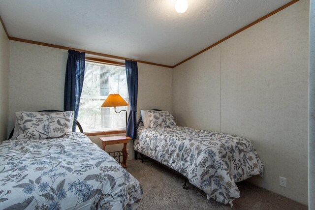 bedroom featuring ornamental molding, vaulted ceiling, and carpet flooring