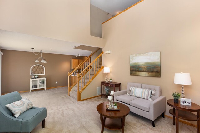 2721 Autumnwood Ln, Minnetonka, MN 55305 - living room with stairs, carpet flooring, baseboards, and a high ceiling