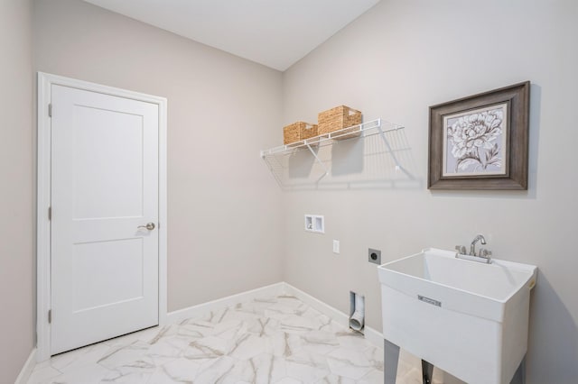 laundry area with washer hookup, laundry area, a sink, marble finish floor, and electric dryer hookup