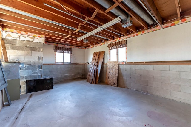 below grade area featuring concrete block wall