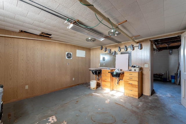 basement with wood walls