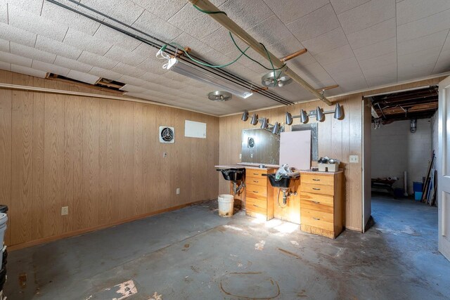 basement with wood walls