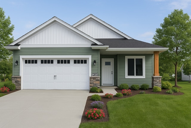 craftsman inspired home featuring stone siding, board and batten siding, an attached garage, and driveway