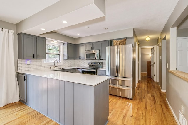720 Mercury Dr W, Shoreview, MN 55126 - kitchen with stainless steel appliances, a peninsula, light countertops, backsplash, and light wood-type flooring