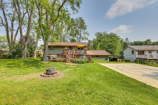 720 Mercury Dr W, Shoreview, MN 55126 - back of house with an outdoor fire pit, a wooden deck, and a lawn