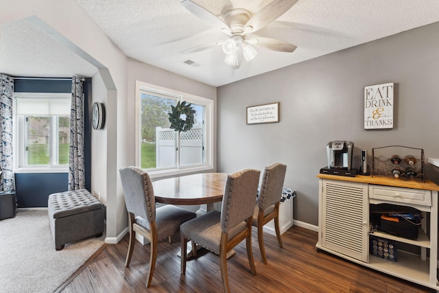 1711 121st Ln NW, Coon Rapids, MN 55448 - dining room with plenty of natural light, baseboards, a ceiling fan, dark wood-style floors, and a textured ceiling
