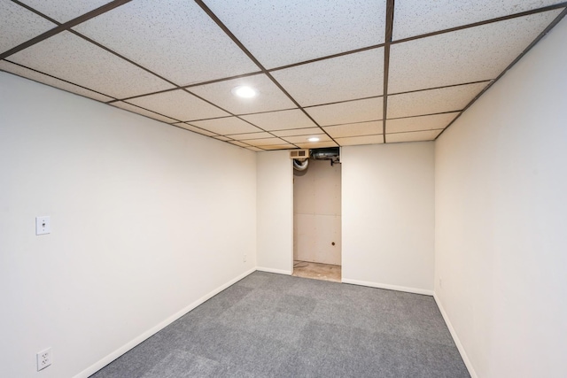 finished basement with recessed lighting, carpet floors, a paneled ceiling, and baseboards